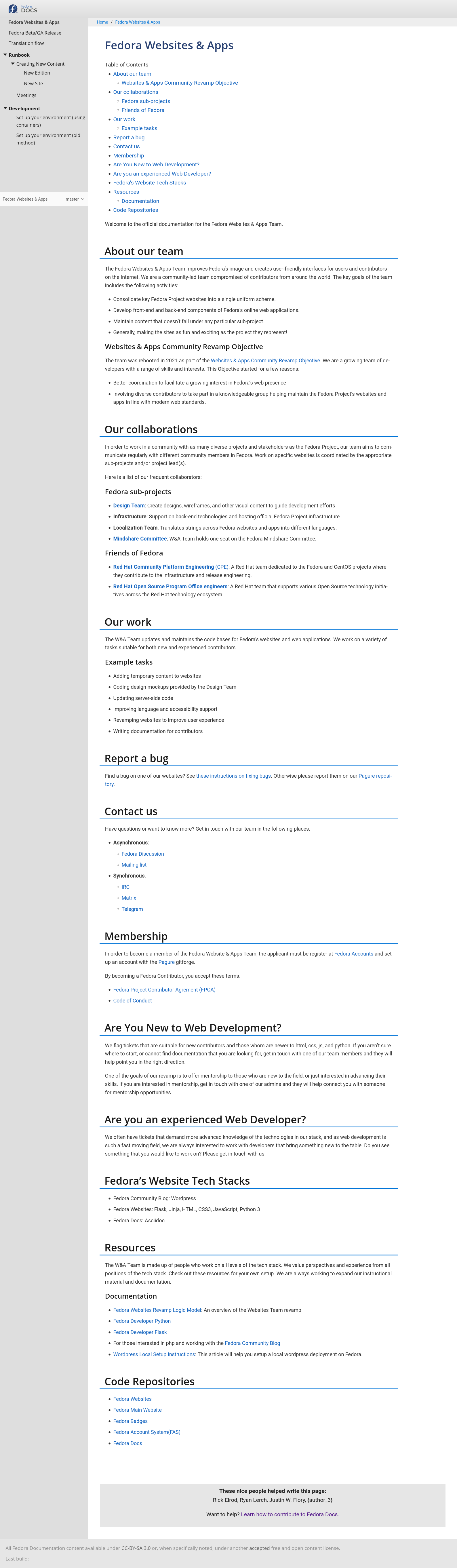 Screenshot of a local preview of the Fedora Websites & Apps documentation. The modules are shown in the sidebar navigation. The full content of the index.adoc file is also shown.